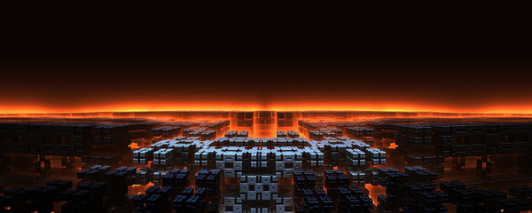 3d abstract city at night with orange horizon light