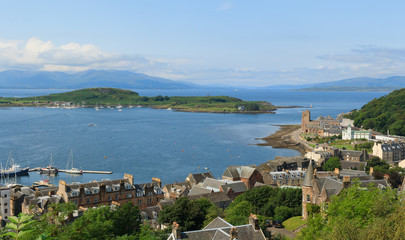 Fototapeta na wymiar Aerial view of Oban harbour and the Sound of Mull and the Isle of Mull