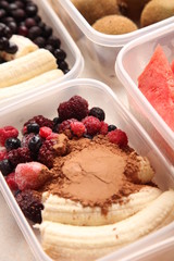 Smoothie bowl prep, banana, berry and cocoa powder ready to freeze