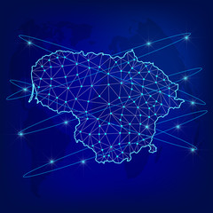 Global logistics network concept. Communications network map of Lithuania on the world background. Map of Lithuania with nodes in polygonal style. EPS10. 