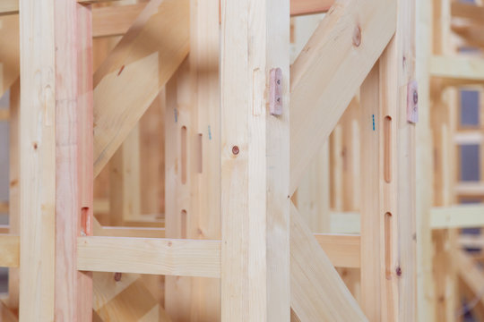 New construction framing house. Close up mounting unit