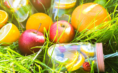 Fresh lemonade in jars with straws. Hipster summer drinks with fruit in green grass outdoors.  Eco-friendly in the nature. Lemons, oranges and berries with mint in the glass. Healthy vegan lifestyle. 