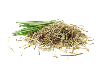 rosemary leaves with dried rosemary isolated on white background.