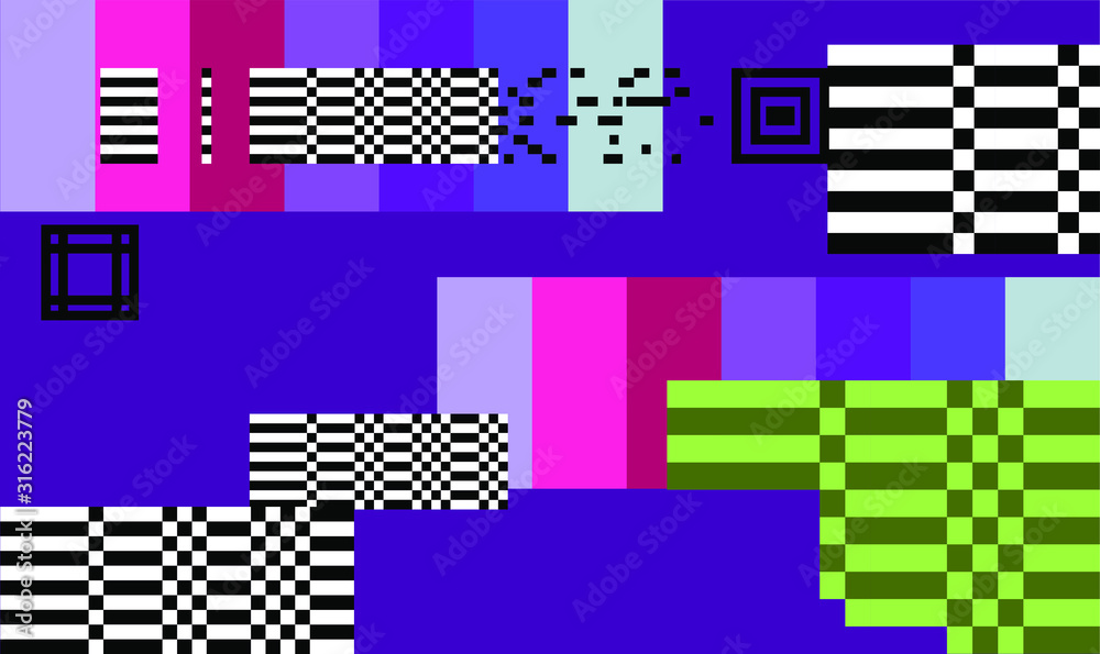 Poster Mosaic of random colorful pixels like in 8-bit video game with glitch art effect. Vaporwave and retrowave style abstract geometric background.