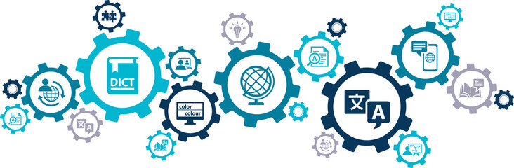 translation and language learning vector illustration. Abstract concept with connected icons showing aspects of international communication, language study or digital translation.