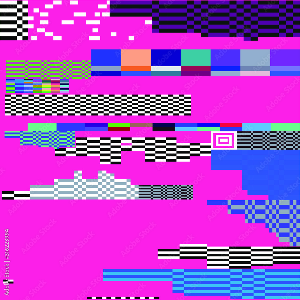 Fototapete Mosaic of random colorful pixels like in 8-bit video game with glitch art effect. Vaporwave and retrowave style abstract geometric background.