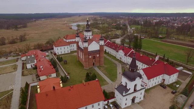 Aerial orbit shot of Orthodox monastery, Suprasl Lavra, Suprasl, Poland