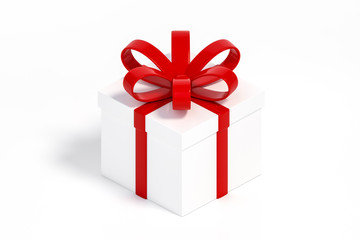 Obraz premium White gift box with red ribbon isolated on white background 3d rendering, 3d illustration minimal style concept.
