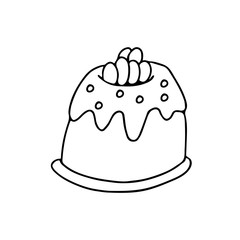 Easter cake decorated with little eggs, glaze and jelly beans in doodle style. Single picture for  Easter greeting cards. Hand drawn vector illustration in black ink. Isolated outline.