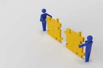 3d man, small person inserting last part of a puzzle. Business concept. 3d rendering