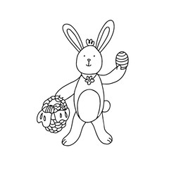 A cute Easter bunny with an egg and a wicker basket full of easter eggs.  Hand drawn vector illustration in black ink isolated on white background. Doodle style.
