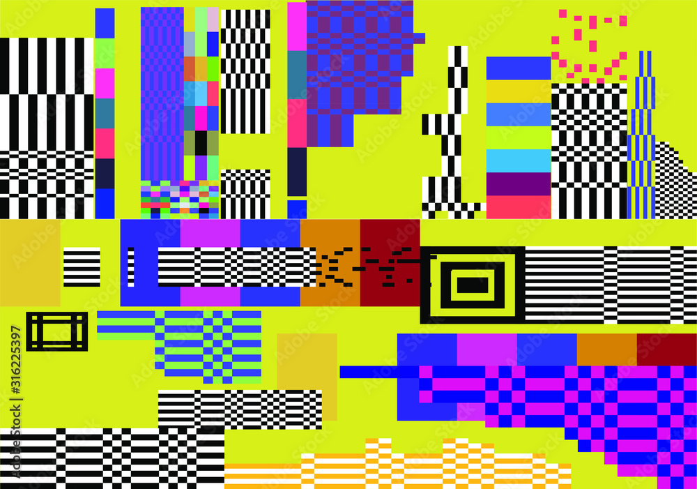 Poster Mosaic of random colorful pixels like in 8-bit video game with glitch art effect. Vaporwave and retrowave style abstract geometric background.