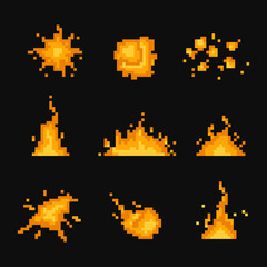 Pixel art fire. A set of game elements. Flame and explosion effects. Red flame. Vector illustration on a black background.