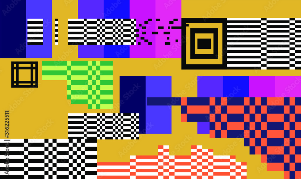 Aufkleber Mosaic of random colorful pixels like in 8-bit video game with glitch art effect. Vaporwave and retrowave style abstract geometric background.