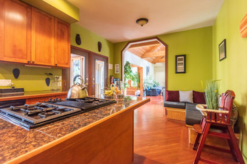 Modern, bright, clean, kitchen interior with stainless steel appliances in a luxury house.