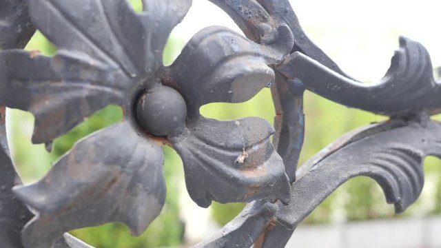 Slow motion tracking shot of wrought iron fence decorating with dark metal flower in natural summer daylight. Design, garden and pattern concepts.