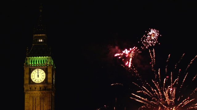 Fireworks display over Big Ben in London, UK at night. Dark Sky Behind. Night. Wide