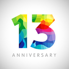 13 th anniversary numbers. 13 years old logotype. Bright congrats. Isolated abstract graphic web design template. Creative 1, 3 3D digits. Up to 13%, -13% percent off discount. Congratulation concept. - obrazy, fototapety, plakaty