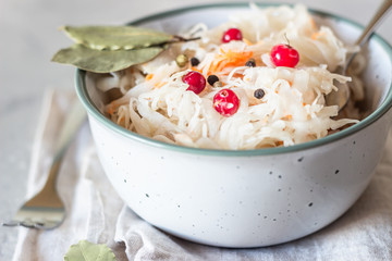 Fermented cabbage with cranberry in ceramic bowl over light grey stone background. Homemade sauerkraut with cranberry and black pepper. Probiotics food concept. Preserved vegetarian diet. 