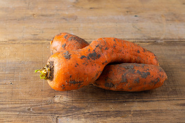 Two curved ugly carrots with pieces of soil on brown old wooden background. Vegetables with unusual...