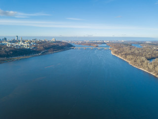 Aerial drone view of the Dnieper River in Kiev.