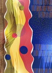 Modern geometric wave pattern background, dynamic shapes, abstract drawn lines, small particles, bright colors. Cover design, poster, flyer, book design.