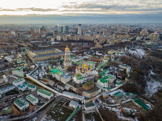 Aerial drone view. Kiev Pechersk Lavra in the sunset.