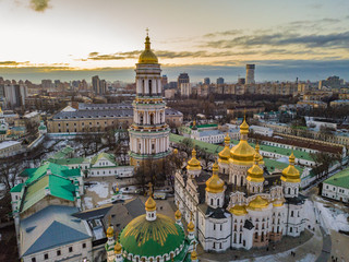 Aerial drone view. Kiev Pechersk Lavra in the sunset. - obrazy, fototapety, plakaty