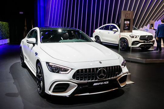 BRUSSELS - JAN 9, 2020: Mercedes AMG GT 63 S sports car presented at the Brussels Autosalon 2020 Motor Show.