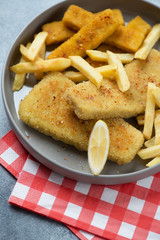 Closeup of fried breaded fish fillet and french fries in a grey plate, vertical shot, selective focus