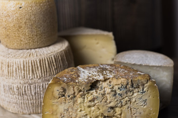 Different homemade cheeses on a dark wooden background. Pieces and cheese heads of Gorgonzola, Asiago, Maasdam, Gauda, Paramezan and Edam. Goat and cow cheese on baking paper. Handwork. Close up
