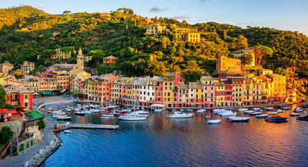 Fototapeta na wymiar Portofino town on Liguria coast, Genoa, Italy, panorama on sunrise