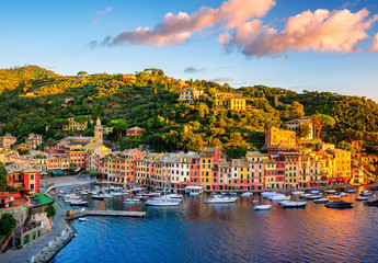 Fototapeta na wymiar Portofino town on Liguria coast, Genoa, Italy, on sunrise