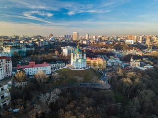 Aerial drone view. St. Andrew's Church in Kiev.