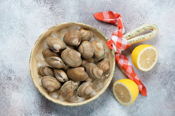 Raw fresh vongole clams with ice and lemon in a serving pan, flatlay over beige stone background