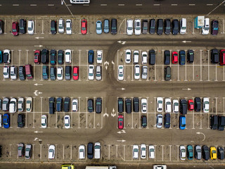 Aerial drone view. Cars on parking