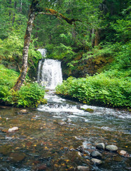 Fototapeta na wymiar Breathtaking two tiered Twin Falls in a lush rainforest setting with rocks and boulders and clean mountain water cascading in the Gifford Pinchot National Forest Skamania County Washington State