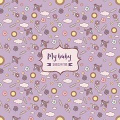 Greeting card with purple romantic seamless pattern. Cute cartoon birds, clouds, flowers and sun. For wallpapers, backgrounds, surface textures.