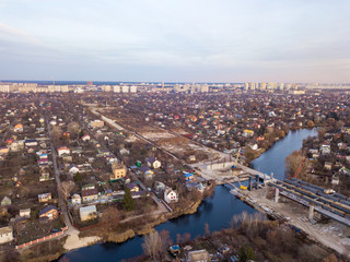 Fototapeta premium Aerial drone view. The bridge under construction in Kiev.