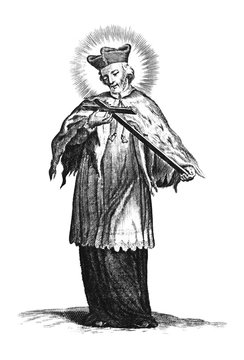 Antique vintage religious engraving or drawing of holy man in priest clothing holding cross. Saint John of Nepomuk or Nepomucene.Illustration from Book Die Betrubte Und noch Ihrem Beliebten