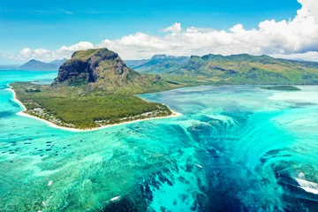 Washable wall murals Le Morne, Mauritius Aerial panoramic view of Mauritius island - Detail of Le Morne Brabant mountain with underwater waterfall perspective optic illusion - Wanderlust and travel concept with nature wonders on vivid filter