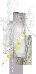 Abstract botanical composition of isolated watercolor elements (leaf, textures) and graphic. Illustration. Part of the set "Eucalyptus Melody"