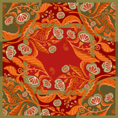 Silk scarf with abstract flowers vector pattern with hand drawn floral elements.