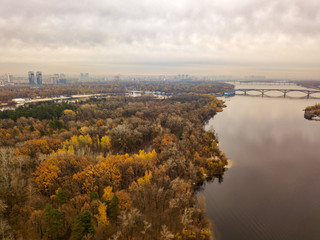 Aerial drone view. View of the Dnieper River in Kiev in the fall.