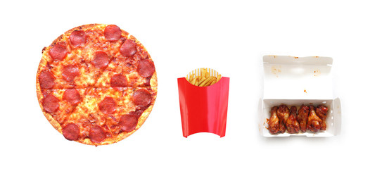 Set of pepperoni pizza, french fries and fried chicken isolated on white background