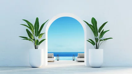 Poster Gate to the sea view & Beach living - Santorini island style / 3D rendering © tontectonix