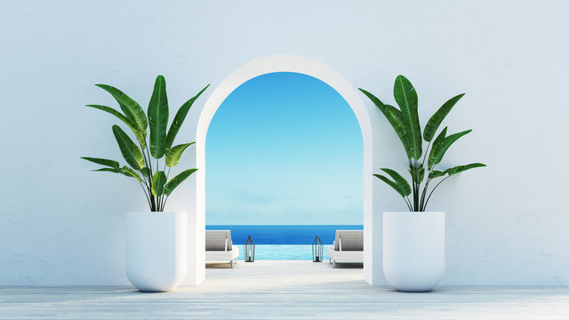 Gate to the sea view & Beach living - Santorini island style / 3D rendering © tontectonix