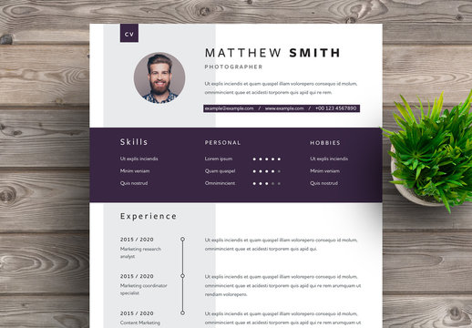 Resume Layout with Dark Purple Header and Gray Sidebar