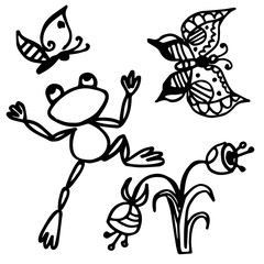 Children's coloring book page 1. The little frog catches a butterfly. Sketch outline, freehand drawing isolated on white background black lines. Educational illustration for children of preschool age.