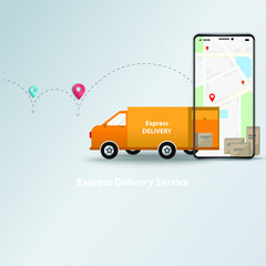 Express delivery service app and online order tracking on mobile concept. Logistic of delivery van and mobile phone with map in the background of route of shipment in gray color.